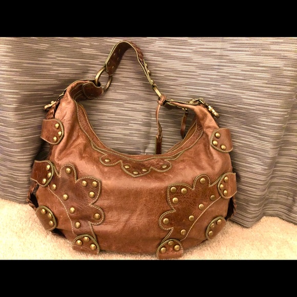 Isabella Fiore Studded Brown Leather Shoulder Bag - Picture 1 of 7